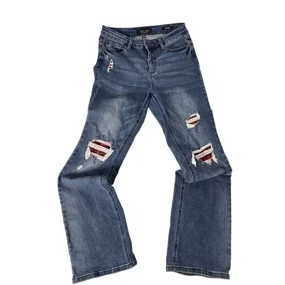 Judy Blue Womens Plaid Patch Jeans Size 7/28 Mid Rise Boot Cut Light Wash - Picture 2 of 5
